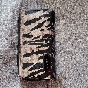 L.A.M.B. Gwen Stefani PVC Zebra Newspaper Print Wallet w Black Leather Interior